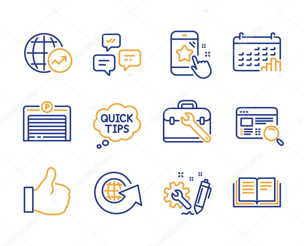 World globe, Engineering and World statistics icons set. Like, Tool case and Parking garage signs. Vector