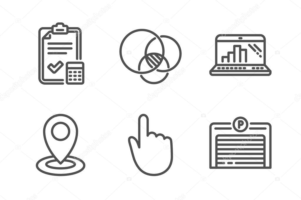 Accounting checklist, Hand click and Graph laptop icons set. Euler diagram, Location and Parking garage signs. Vector