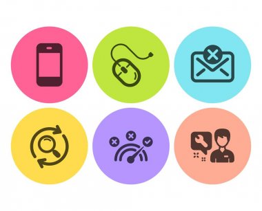 Doğru cevap, Bilgisayar fare ve Smartphone simgeleri ayarlayın. Arama, Reddet posta ve Tamirci işaretleri. Vektör