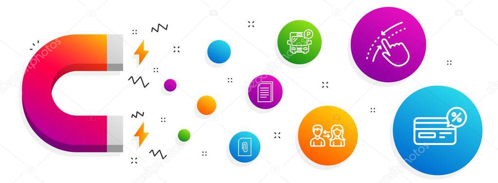 Copy files, Swipe up and People communication icons set. Bus parking, Attachment and Cashback signs. Vector