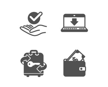 Onaylı, Internet indirme ve Bagaj simgeleri. Cüzdan tabelası. Doğrulanmış sembol, Yük verileri, Bagaj dolabı. Vektör