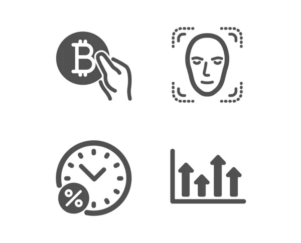 Detección de rostros, porcentaje de préstamos y Bitcoin pagan iconos. Señal de flechas superiores. Vector — Vector de stock