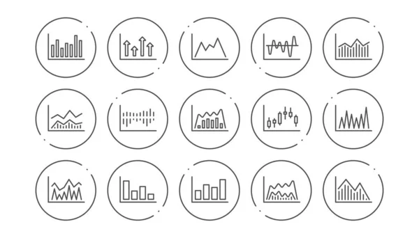 Gráficos e iconos de líneas gráficas. Gráfico de velas, diagrama de infografía e informe. Set de iconos lineales. Vector — Vector de stock
