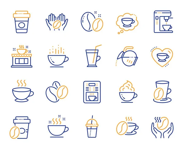 Kaffe linje ikoner. Bönor, varm cocktail och kaffebryggare maskin. Vektor — Stock vektor