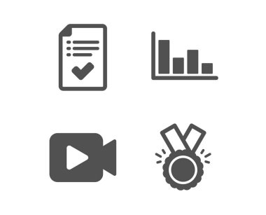 Histogram, Onaylı kontrol listesi ve Video kamera simgeleri. Onur işareti. Vektör