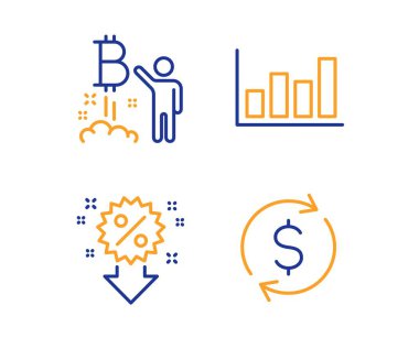 Rapor diyagramı, Bitcoin projesi ve İndirim simgeleri ayarlandı. Dolar bozdurma işareti. Vektör