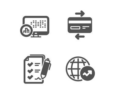 İstatistikleri, Kredi kartı ve Anket denetim listesi simgelerini bildirin. Dünya istatistikleri işareti. Vektör