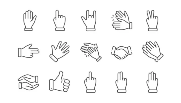 Hand gebaren lijn iconen. Handshake, klappen handen, overwinning. Lineaire set. Vector — Stockvector