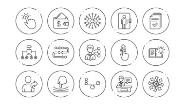 Yapay zeka, Denge ve Refer arkadaş satırı simgeleri. Zaman çizelgesi yolu. Doğrusal simge seti. Vektör