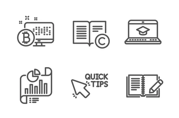 Educación en el sitio web, sistema Bitcoin y Quick tips iconos establecidos. Documento de informe, Derechos de autor y comentarios. Vector — Vector de stock