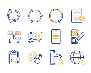 Geri dönüşüm, 24 saat hizmet ve Akıllı Telefon satın alma simgeleri ayarlayın. Rapor denetim listesi, Geri Dönüşüm ve Denetim Listesi işaretleri. Vektör