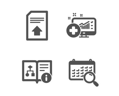 Tıbbi analiz, Teknik algoritma ve Upload dosya simgeleri. Takvim işaretini arayın. Vektör