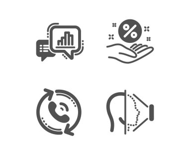 Grafik grafiği, Çağrı merkezi ve Kredi yüzdesi simgeleri. Yüz kimliği işareti. Büyüme raporu, Geri Çağırma, İndirim el. Vektör