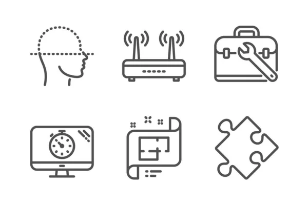Skanowanie twarzy, WiFi i zestaw ikon walizki narzędziowej. Zegar SEO, plan architektoniczny i znaki strategiczne. Wektor — Wektor stockowy