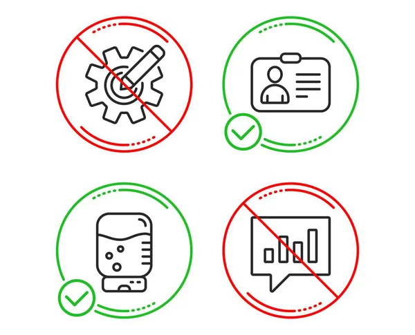 Cartão de identificação, refrigerador de água e conjunto de ícones Cogwheel. Sinal de chat analítico. Vetor —  Vetores de Stock