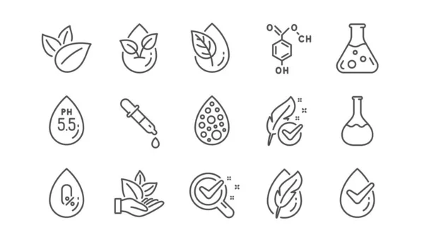 Sem cores artificiais, ícones de linha de folha orgânica. Dermatologicamente testado, orgânico. Conjunto linear. Vetor — Vetor de Stock