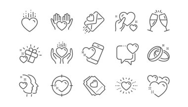 Aşk çizgisi simgeleri. Hediye kutusu, Kalp ve Romantik mektup. Doğrusal ayar. Vektör