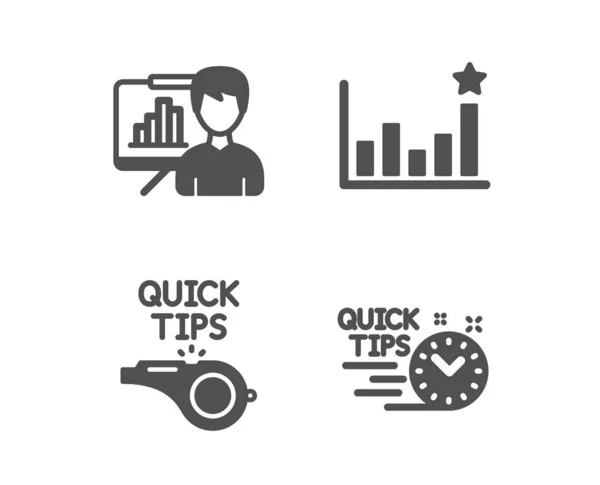 Iconos de eficacia, pizarra de presentación y tutoriales. Signo de consejos rápidos. Gráfico de negocios, gráfico de crecimiento, consejos rápidos. Vector — Vector de stock