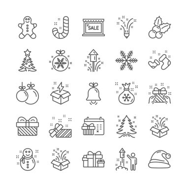 Noel çizgisi simgeleri. Noel Baba şapkası, Gingerbread man ve Hediye kutusu seti. Vektör