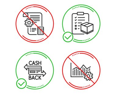 Cashback kartı, Ayarlar planı ve Paket kontrol listesi simgeleri ayarlanır. Operasyonel mükemmellik işareti. Vektör