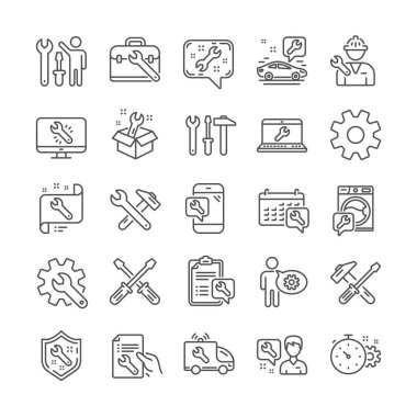 Onarım hattı simgeleri. Hammer, tornavida ve anahtar aracı seti. Vektör