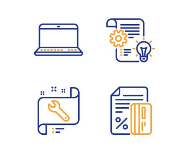 Cogwheel, Spanner ve Notebook simgeleri ayarlandı. Kredi kartı tabelası. Fikir ampul, Onarım hizmeti, Laptop bilgisayar. Vektör