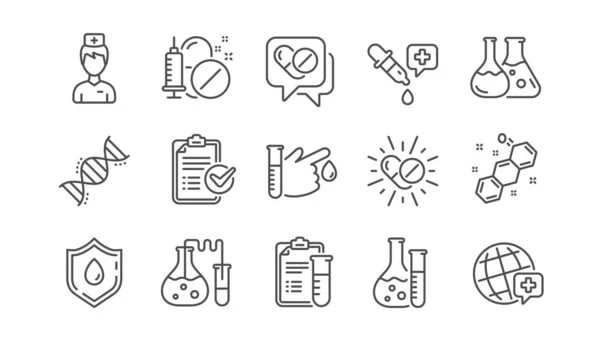 Symbole der medizinischen Gesundheitsversorgung. Medikamententests, wissenschaftliche Entdeckung und Prävention von Krankheiten. Lineares Set. Vektor — Stockvektor