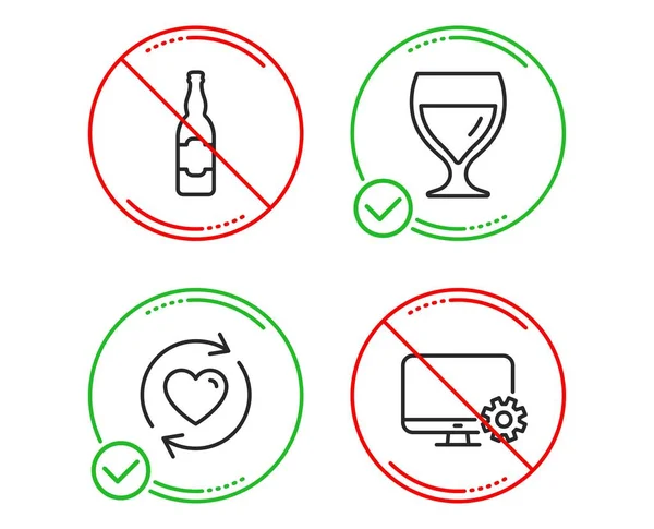 ワイングラス、アップデート関係とビールボトルのアイコンセット。設定記号を監視します。ベクトル — ストックベクタ