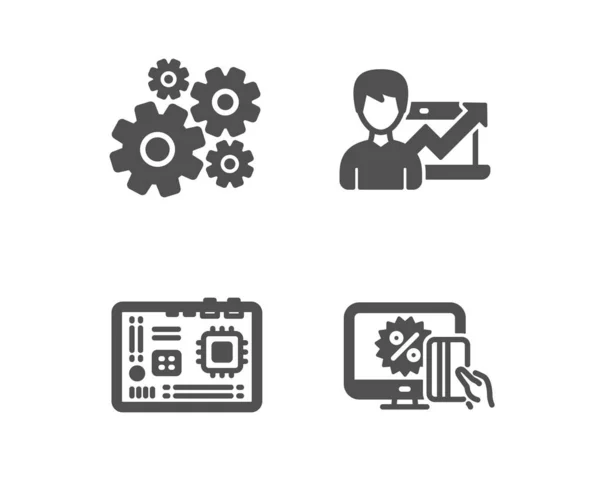 Cogwheel, Motherboard and Success business icons. Online shopping sign. Vector — Stock Vector