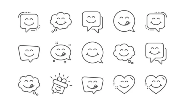 Deliciosos iconos de línea de sonrisa. Emoticon con lengua lamer la boca. Sonríe burbuja del habla. Conjunto lineal. Vector — Archivo Imágenes Vectoriales