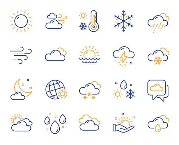 Weer-en Voorspellings lijn pictogrammen. Bewolkte hemel, winter sneeuwvlok en thermometer. Vector — Stockvector