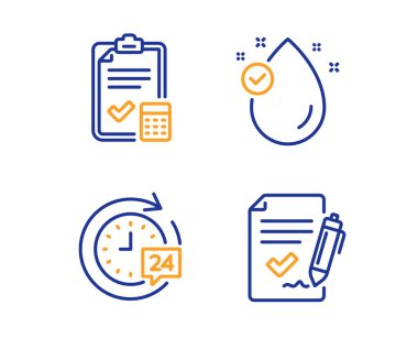 E vitamini, Muhasebe kontrol listesi ve 24h teslimat simgeleri ayarlayın. Onaylı anlaşma işareti. Vektör