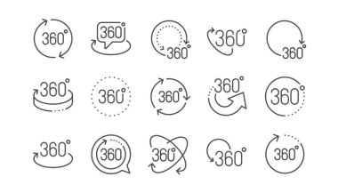 360 derece çizgi simgeleri. Oku döndürün, Vr panoramik simülasyonu, Tam döndürme. Vektör