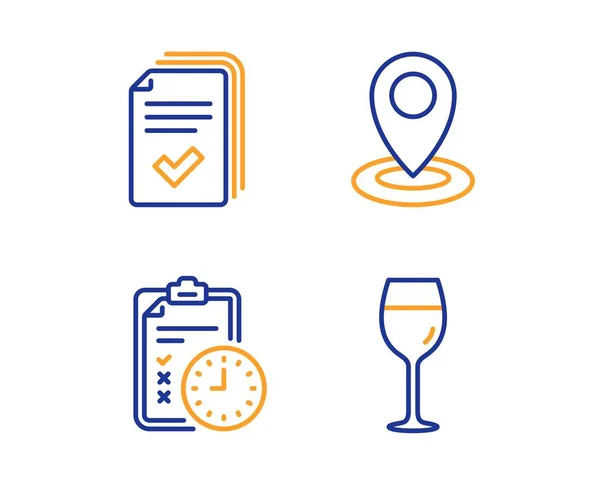 Exam time, Handout and Location icons set. Wine glass sign. Checklist, Documents example, Map pointer. Vector — Stock Vector