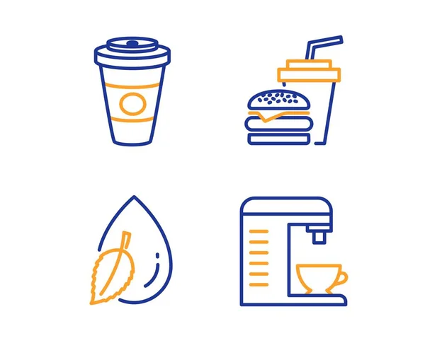 Капля воды, кофе на вынос и набор икон "Гамбургер". Кофеварка знак. Вектор — стоковый вектор