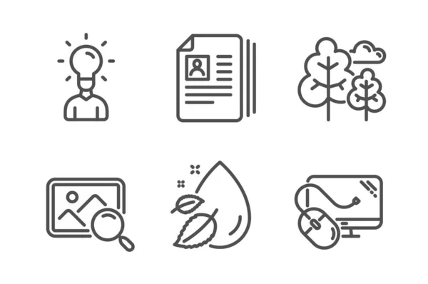 Onderwijs, CV-documenten en zoek foto icons set. Water druppel, boom en computer muis borden. Vector — Stockvector