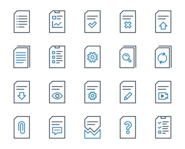Belge satırı simgeleri. Rapor, Denetim Listesi ve Kopyala. Vektör