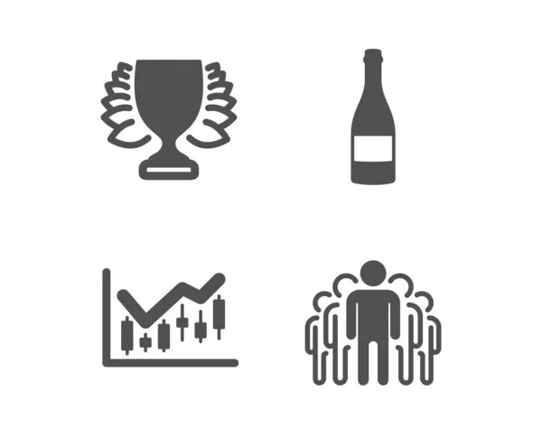 Diagrama financiero, botella de champán e iconos del ganador. Firma del grupo. Vector — Vector de stock
