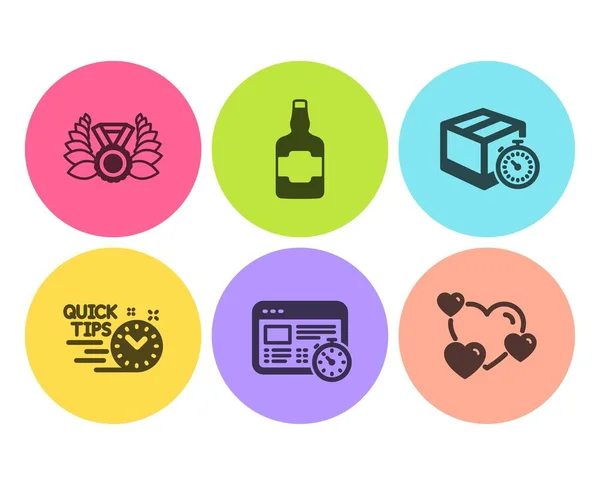 Web timer, Delivery timer and Laureate medal icons set. Whiskey bottle, Quick tips and Heart signs. Vector — Stock Vector