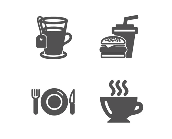 Iconos de té, comida y hamburguesas. Signo de café. Taza de cristal, Restaurante, Hamburguesa con bebida. Cappuccino. Vector — Vector de stock