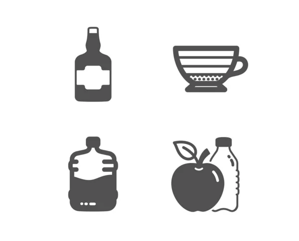 Cappuccino, Whiskey bottle and Cooler bottle icons. Apple sign. Coffee cup, Scotch alcohol, Water drink. Vector — Stock Vector