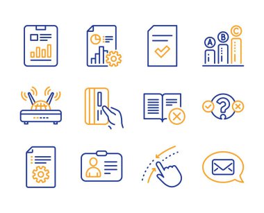 Rapor, Test testi ve Simgeleri yukarı kaydırma ayarlayın. Wifi, Kimlik kartı ve Teknik dokümantasyon işaretleri. Vektör