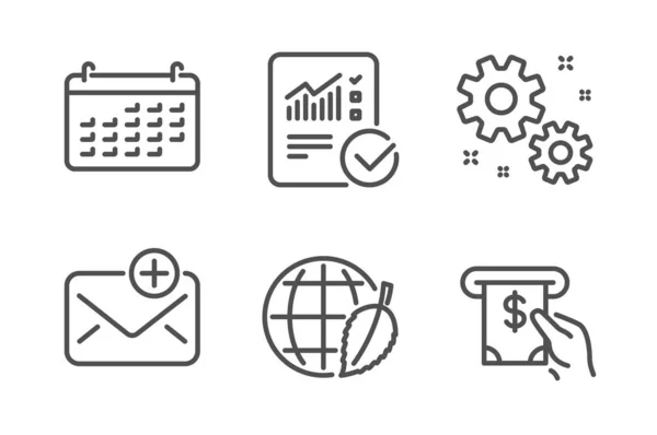 Calendrier, travail et environnement icônes de jour ensemble. Calcul vérifié, nouveaux panneaux de service de courrier et de guichet automatique. Vecteur — Image vectorielle