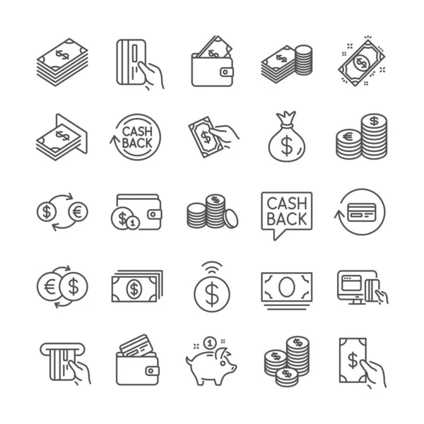 Ikony peněžních čar Bankovnictví, Peněženka a mince. Vektorové — Stockový vektor