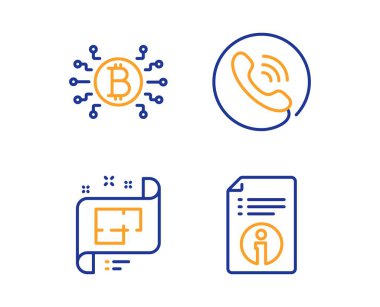 Çağrı merkezi, Mimari plan ve Bitcoin sistem simgeleri ayarlayın. Teknik bilgi işareti. Vektör