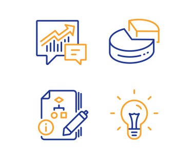 Pasta grafiği, Muhasebe ve Algoritma simgeleri ayarlanır. Fikir işareti. 3d grafik, Arz ve talep, Proje. Ampul. Vektör