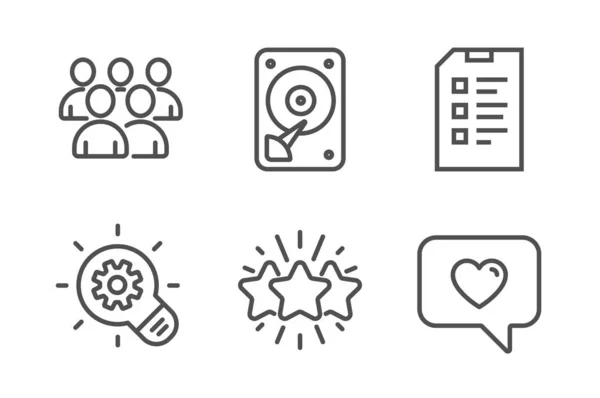 Gruppo, Star e Hdd set di icone. Segnaletica Cogwheel, Checklist e Love. Sviluppatori, feedback dei clienti. Vettore — Vettoriale Stock