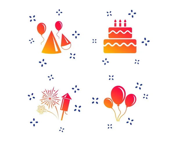 Birthday party. Cake, balloon, hat and fireworks. Vector
