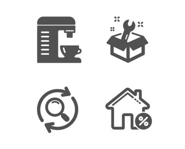 Spanner, Arama ve Kahve makinesi simgeleri. Kiralık ev tabelası. Onarım servisi, Sonuçları bul, Cappuccino makinesi. Vektör