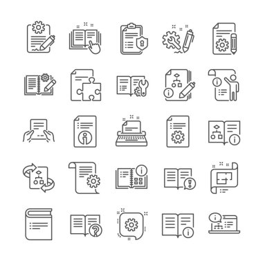 Teknik Dokümantasyon satırı simgeleri. Öğretim, Plan ve El Kitabı Seti. Vektör